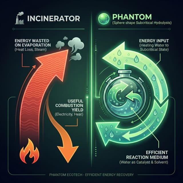 Energy comparison diagram showing incinerator fuel penalty for high-moisture wet waste versus PHANTOM subcritical water hydrolysis