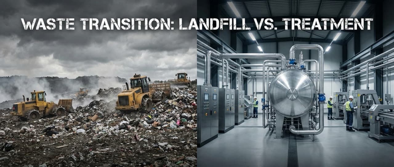Industrial manufacturing waste disposal comparison — landfill vs. clean subcritical water hydrolysis treatment facility