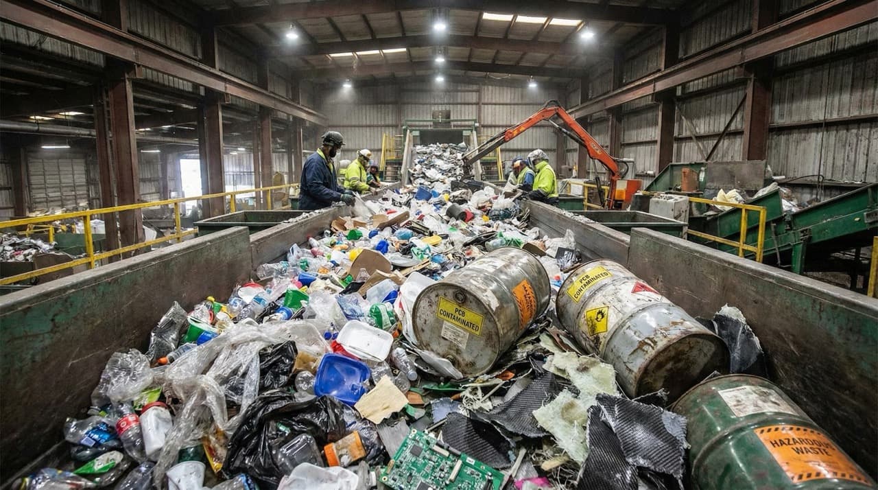 Industrial mixed plastic waste processing facility showing sorted polymer bales and hydrothermal treatment equipment