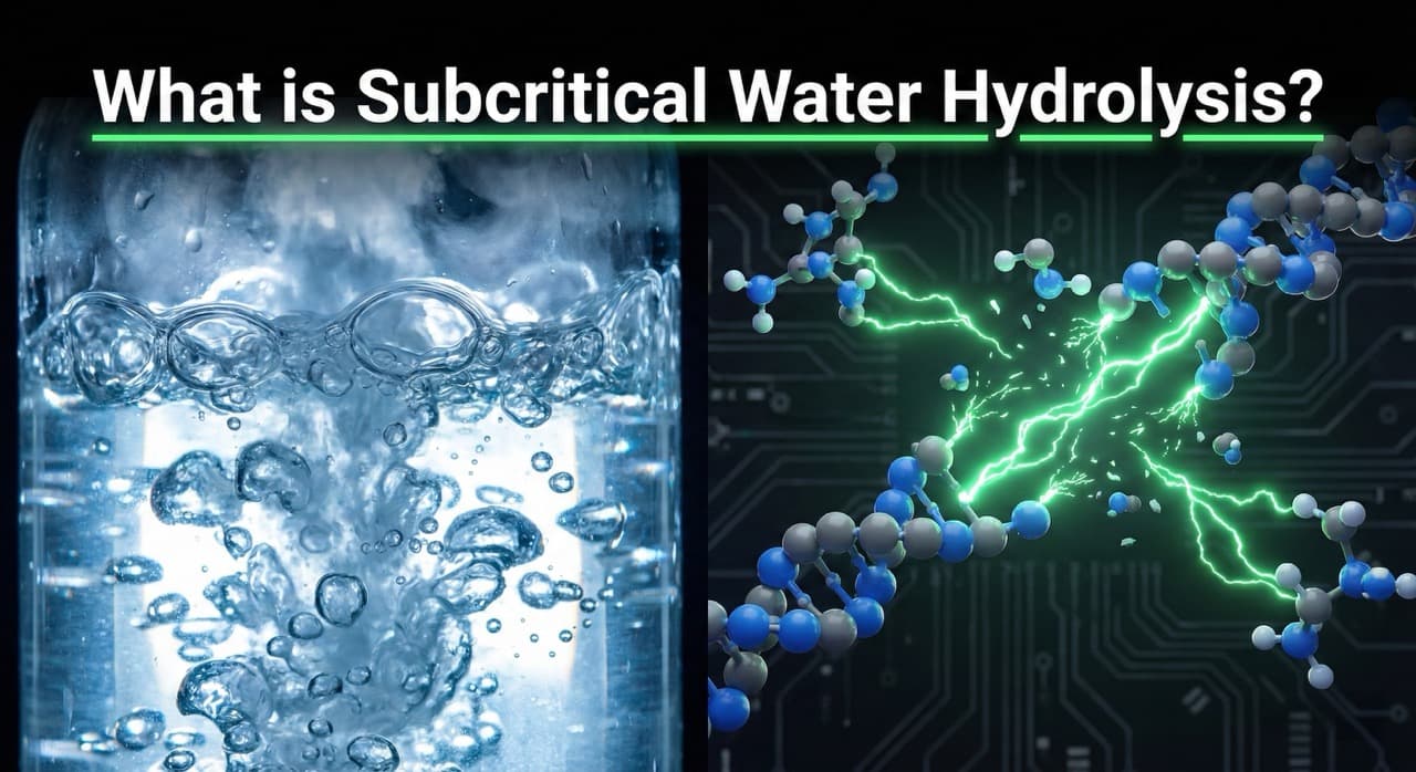 Subcritical water hydrolysis process — pressurized water breaking down organic polymer chains inside the PHANTOM sealed vessel without combustion or toxic emissions.