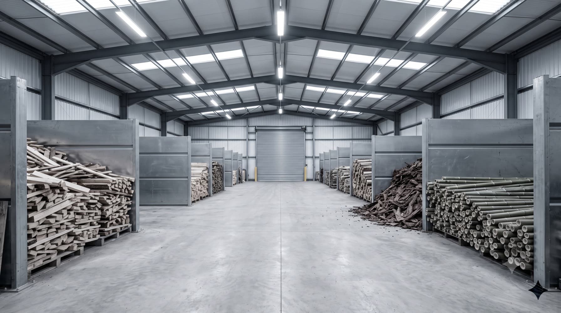 Interior of a UK timber and biomass processing yard with untreated timber offcuts, bark, and bamboo residue in steel collection bays under fluorescent lighting — the clean cellulosic waste stream that subcritical water saccharification converts to a fermentable glucose-rich hydrolysate.