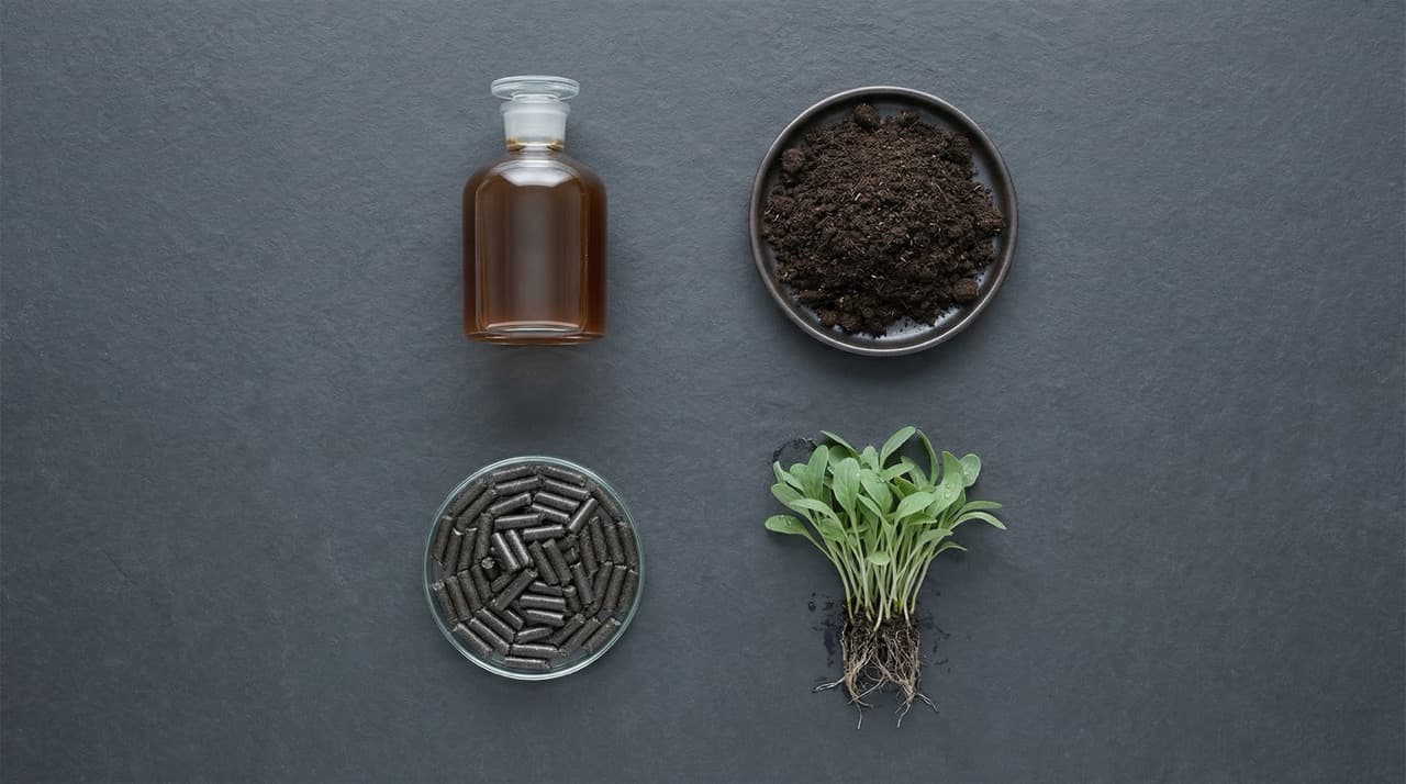 Overhead flat-lay of the four circular economy outputs from a single PHANTOM hydrolysis cycle: liquid fertiliser (top left), agricultural compost (top right), solid fuel feedstock (bottom left), and crop seedlings representing soil application potential (bottom right) — demonstrating the conversion of industrial waste from a disposal cost into sellable resources.