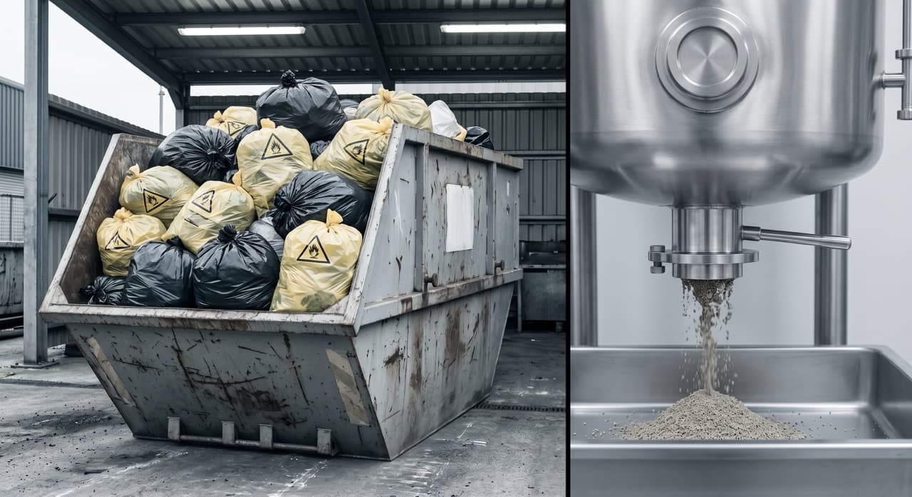 Cost comparison chart for UK industrial hazardous waste disposal routes — contracted incineration at £65–£220/tonne versus on-site PHANTOM subcritical water hydrolysis, with UK ETS carbon cost additions projected from 2028