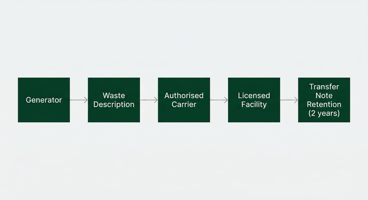 Flow diagram showing the UK waste Duty of Care chain under Environmental Protection Act 1990 Section 34 — five steps from waste generator through accurate waste description, authorised carrier selection, licensed disposal facility, and two-year waste transfer note retention