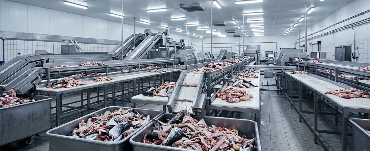 Commercial fishery processing facility interior showing high-moisture fish waste byproducts on conveyor and processing tables