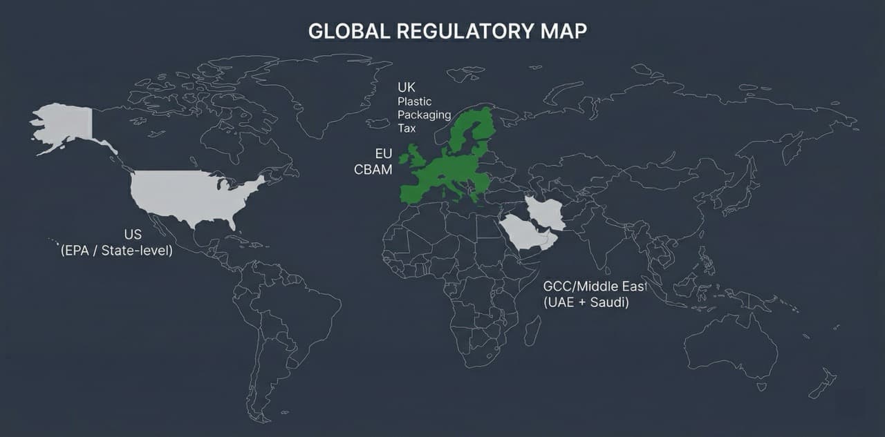 World map showing active manufacturing waste carbon regulations in 2026 — EU CBAM, UK Plastic Packaging Tax, US EPA state-level programmes, and UAE and Saudi Arabia waste mandates