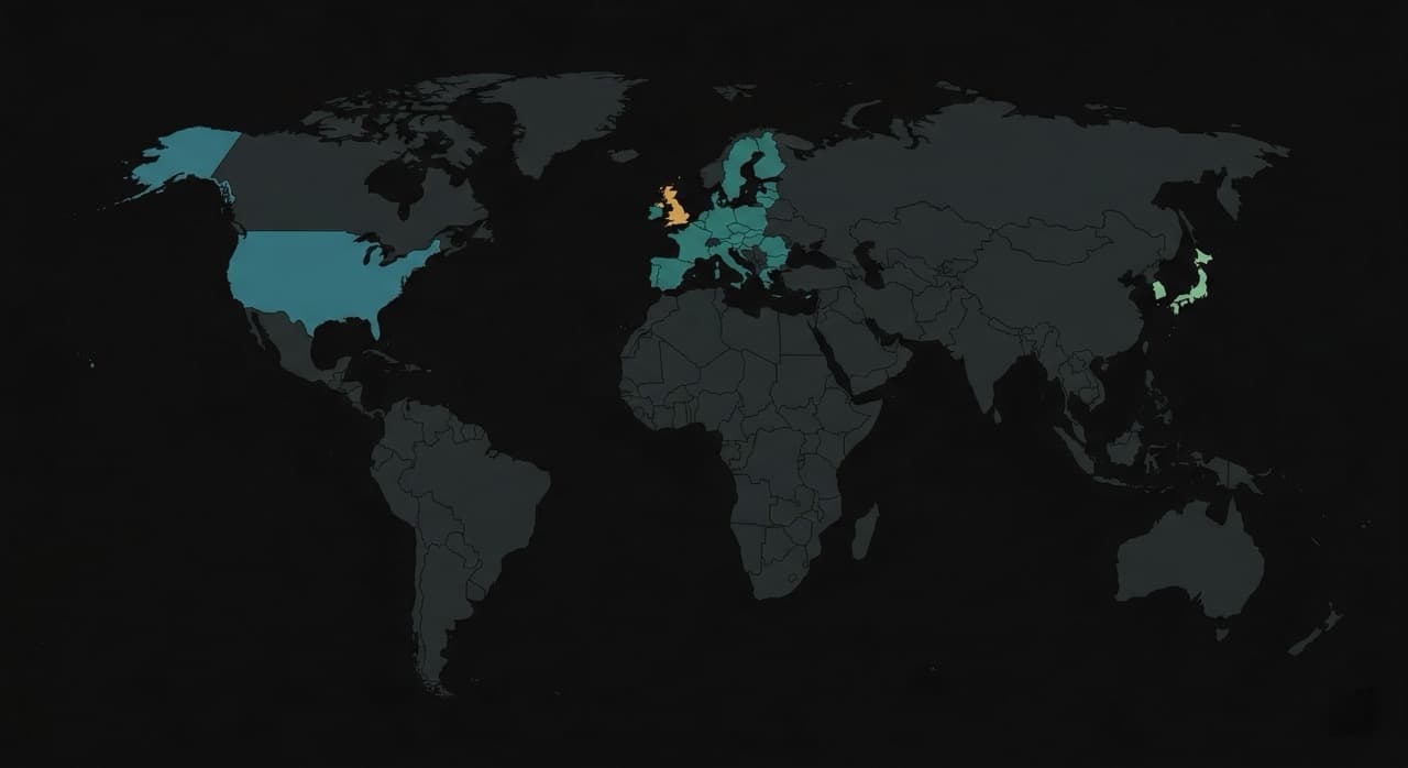 World map highlighting four key regulatory zones for industrial waste management: the United Kingdom (landfill tax £126 per tonne, UK ETS incineration inclusion 2028), the European Union (IED 2024 directive, EU ETS expansion 2028, Taxonomy exclusion of incineration), the United States (11-state organic waste landfill bans, California SB 253 Scope 3 reporting), and Japan and South Korea (national circular economy legislation 2024).