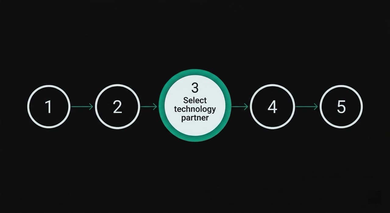 Five-step implementation roadmap for zero-emission industrial waste treatment: Step 1 waste carbon audit, Step 2 science-based target setting, Step 3 zero-emission technology partner selection (highlighted), Step 4 internal feedstock segregation and process optimisation, Step 5 continuous Scope 3 monitoring and sustainability reporting.