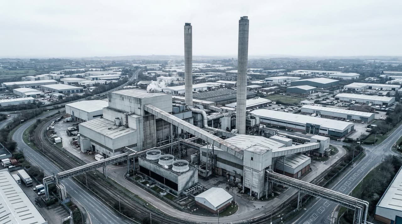 Aerial view of a large industrial waste incineration facility with tall chimney stacks and processing infrastructure — representing the regulatory and financial risks now facing incineration operators under EU IED 2024, EU ETS inclusion from 2028, and EU Taxonomy sustainable finance exclusions.