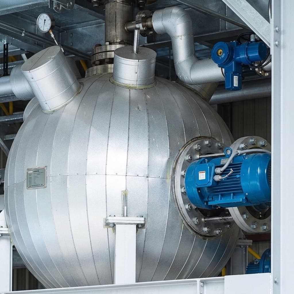 PHANTOM subcritical water hydrolysis pressure vessel — spherical stainless steel design with industrial flanges, blue electric motors, and white structural framing