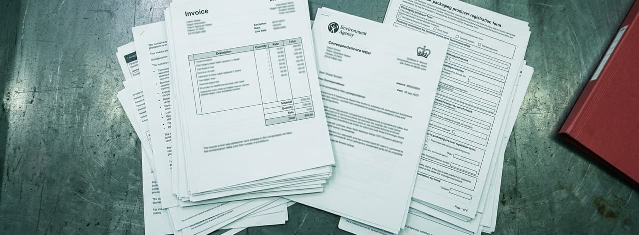 Overhead flat-lay of UK regulatory compliance documents and an invoice on a steel surface — the physical manifestation of stacked EPR, landfill tax, and Plastic Packaging Tax obligations falling simultaneously on UK manufacturers.