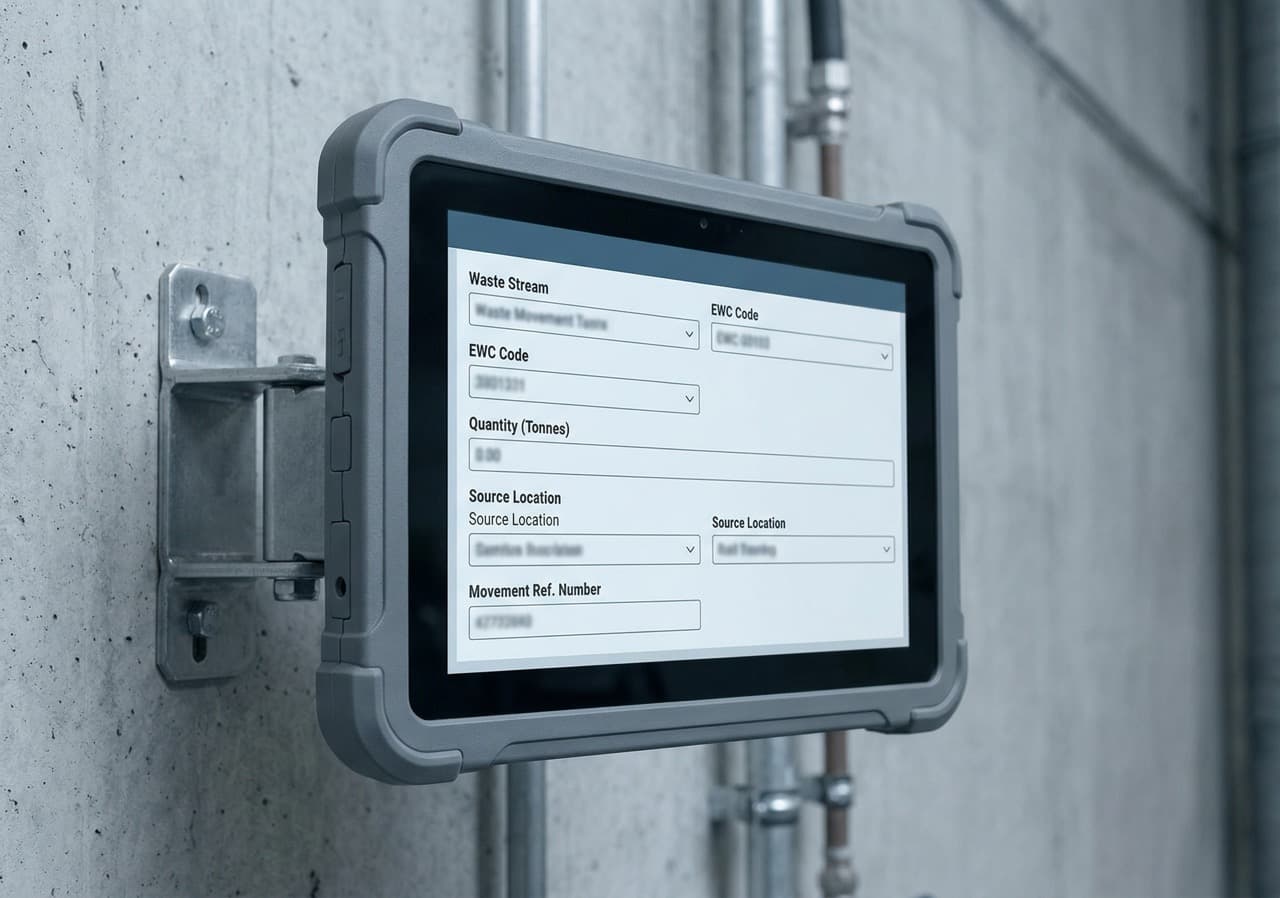 Sustainability manager reviewing digital waste tracking data on a tablet in a UK factory — stream-level Scope 3 Category 5 reporting requires exactly this per-stream mass data that third-party disposal contracts cannot provide.