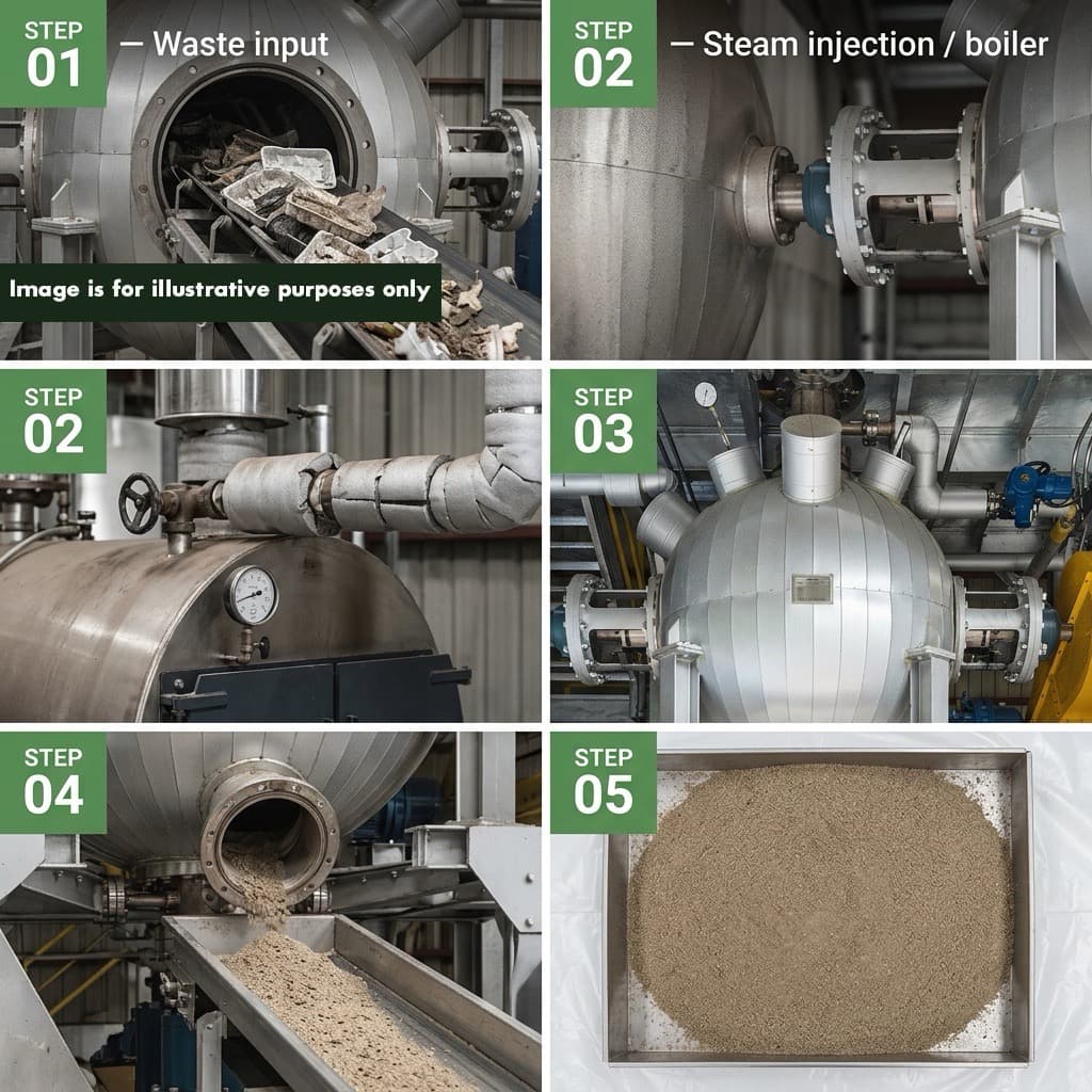 How on-site subcritical water hydrolysis eliminates the UK manufacturing waste cost stack — 5-step physical sequence showing waste input, pressurisation, hydrolysis, output discharge, and recovered material classification that removes landfill tax, EPR fees, and Scope 3 liability.