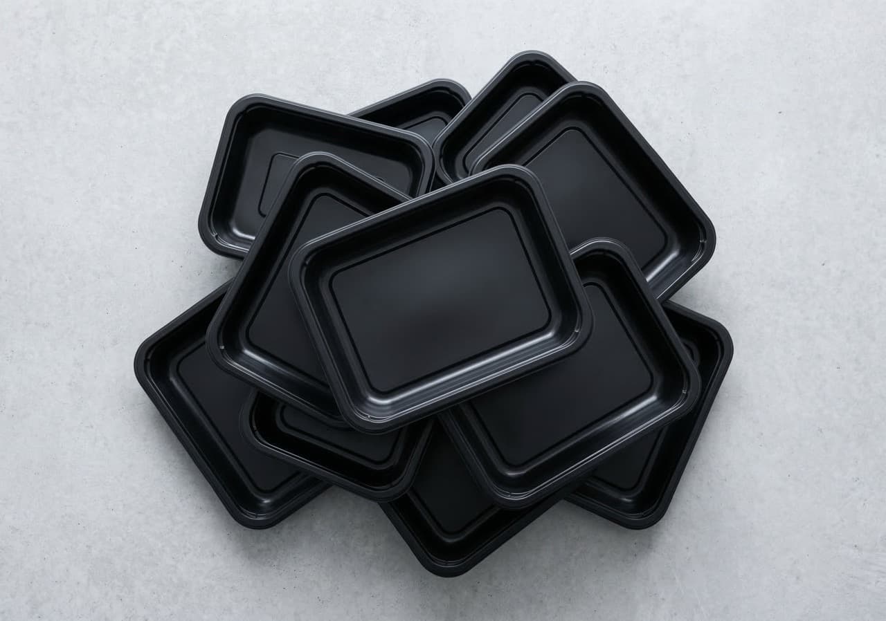 Stack of black HDPE food trays — classified Red under OPRL recyclability assessment, facing a ×2.0 EPR fee multiplier to £846/tonne by 2028-29 for UK food manufacturers.