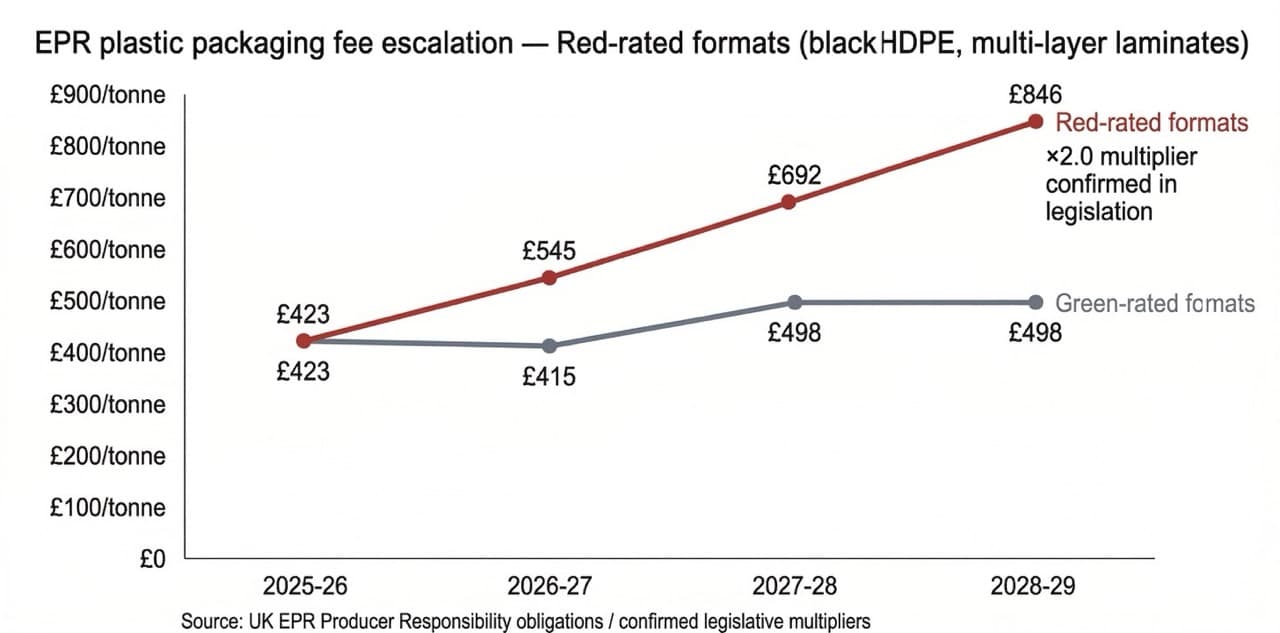 Line chart showing UK EPR plastic packaging fee escalation: Red-rated formats (black HDPE, laminates) rise from £423/tonne in 2025-26 to £846/tonne by 2028-29 under a confirmed legislative ×2.0 multiplier.