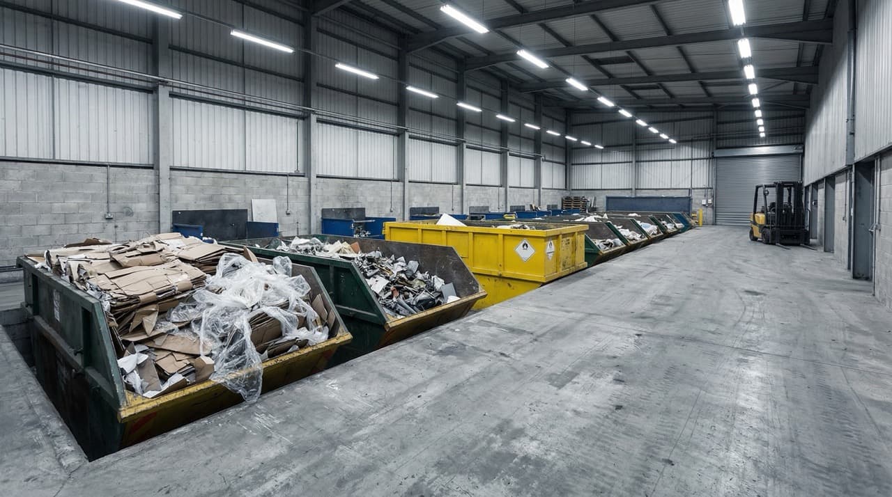 Interior of a UK manufacturing waste bay showing mixed-stream skips on a loading dock — the multi-stream disposal infrastructure that generates separate EPR, landfill tax, and compliance costs for every tonne of industrial waste.