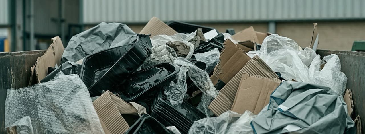 Mixed industrial waste in an overflowing skip — plastic trays, PE film, and cardboard offcuts representing the mixed streams that simultaneously attract landfill tax at £126.15/tonne, EPR fees, and PRN costs for UK manufacturers.