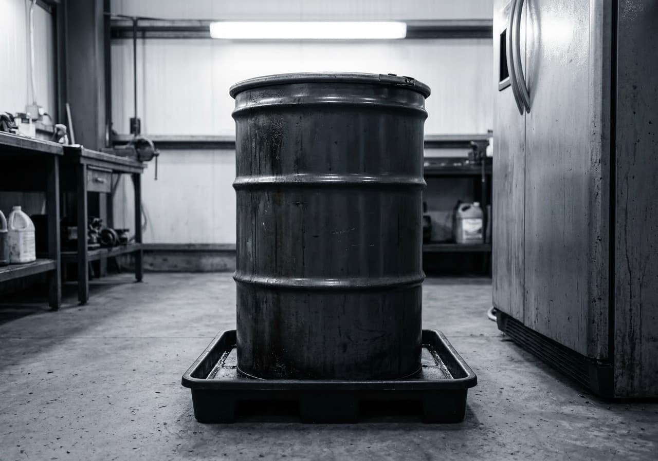 Industrial oil sludge collection drum on a drip tray — a waste stream with no specific DEFRA GHG conversion factor, forcing UK manufacturers onto a generic proxy that cannot satisfy CBAM auditors or TCFD disclosure reviewers.