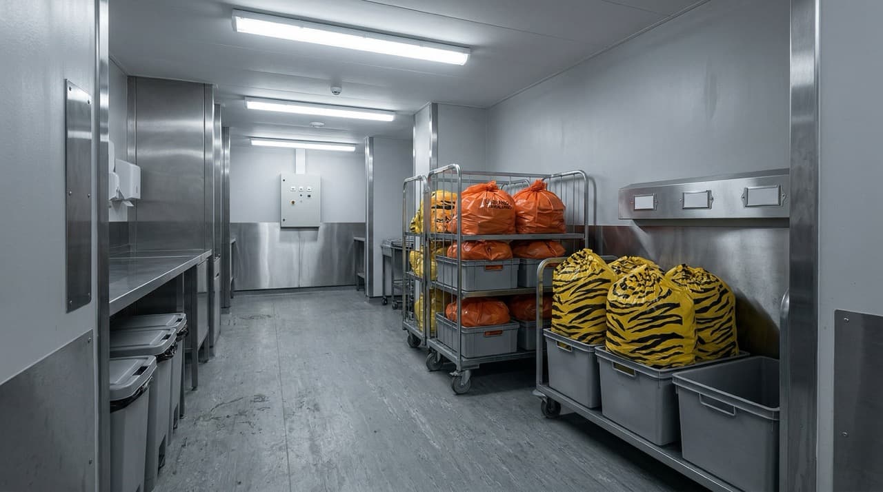Colour-coded clinical waste bags on trolleys in a UK hospital waste management bay, showing the orange and tiger-stripe segregation system that determines on-site medical waste treatment eligibility under HTM 07-01