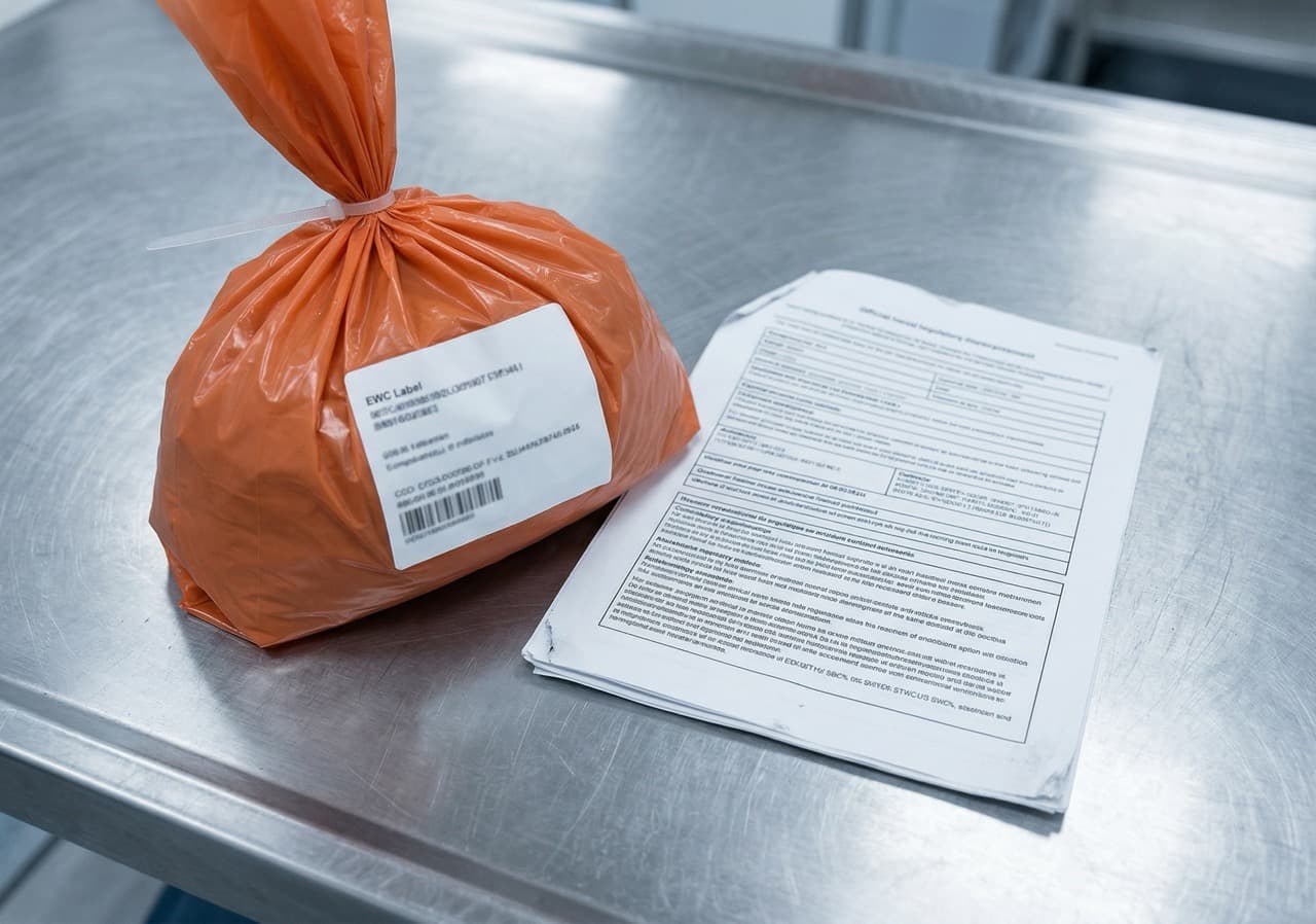 Sealed orange clinical waste bag beside an official environmental permit document on stainless steel — the two physical objects a UK healthcare operator must manage to achieve compliant on-site medical waste treatment under EPR 2016