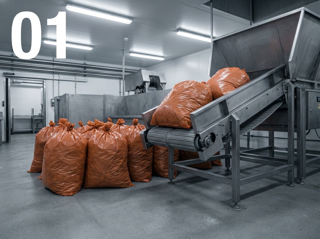 Step 1 of 4 in PHANTOM validation protocol — orange-stream clinical waste bags loaded at maximum rated capacity with 5% heavy organic challenge load for IStAATT Stage 1 commissioning test