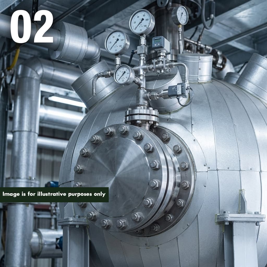 Step 2 of 4 — PHANTOM vessel inlet flange sealed and pressurised for subcritical water hydrolysis cycle, with biological indicator spore strips placed at worst-case challenge positions inside