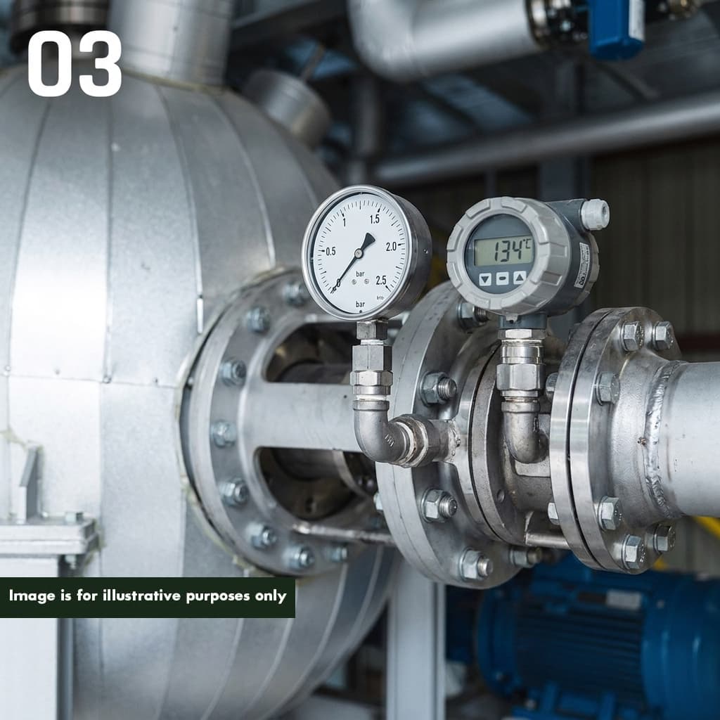 Step 3 of 4 — pressure and temperature instrumentation on PHANTOM vessel during 30-minute subcritical hydrolysis treatment cycle at conditions required for IStAATT Level III pathogen inactivation