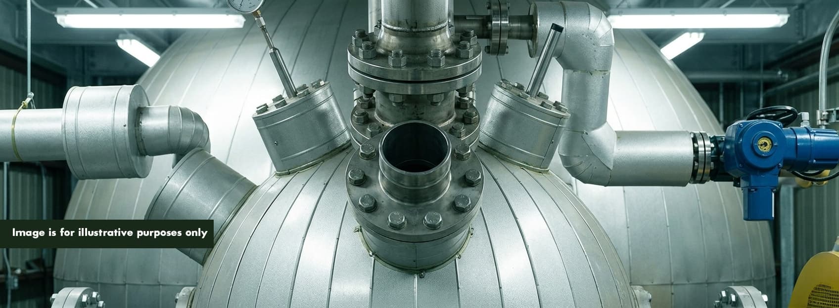 Close-up of bolted pipe flange connections on the PHANTOM subcritical water hydrolysis pressure vessel — the sealed industrial engineering that delivers IStAATT Level III microbiological inactivation without combustion or stack emissions