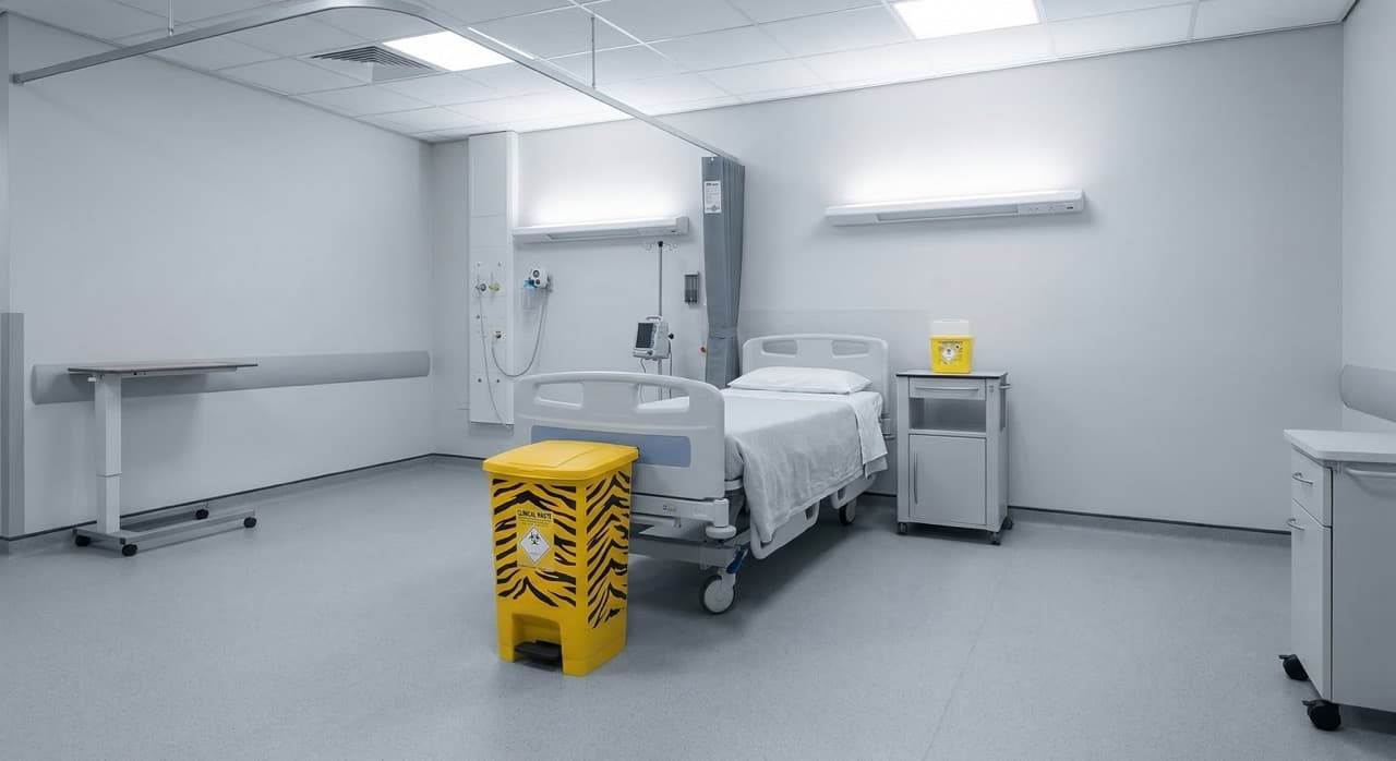 NHS hospital ward bay showing a tiger-stripe clinical waste bin and sharps container at a bedside — the point-of-use segregation decision where correct HTM 07-01 bag colour selection prevents misclassification costs of £289–£537 per tonne of offensive waste incorrectly routed to the infectious clinical waste stream.