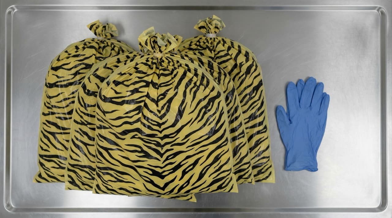 Overhead flat-lay of sealed yellow-and-black tiger-stripe offensive waste bags on stainless steel, representing the incontinence waste stream in a UK care home generating 1–2 tonnes per week