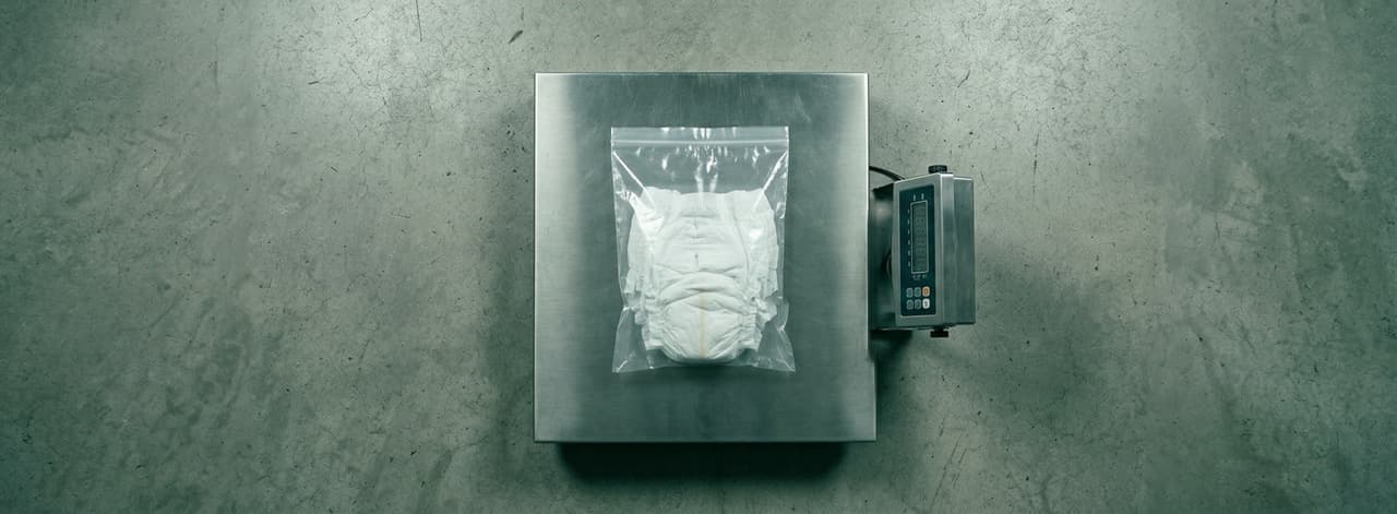 Stainless steel industrial scale with a sealed adult incontinence product — illustrating why 65–80% moisture content means care homes pay collection fees to haul water, not hazardous material