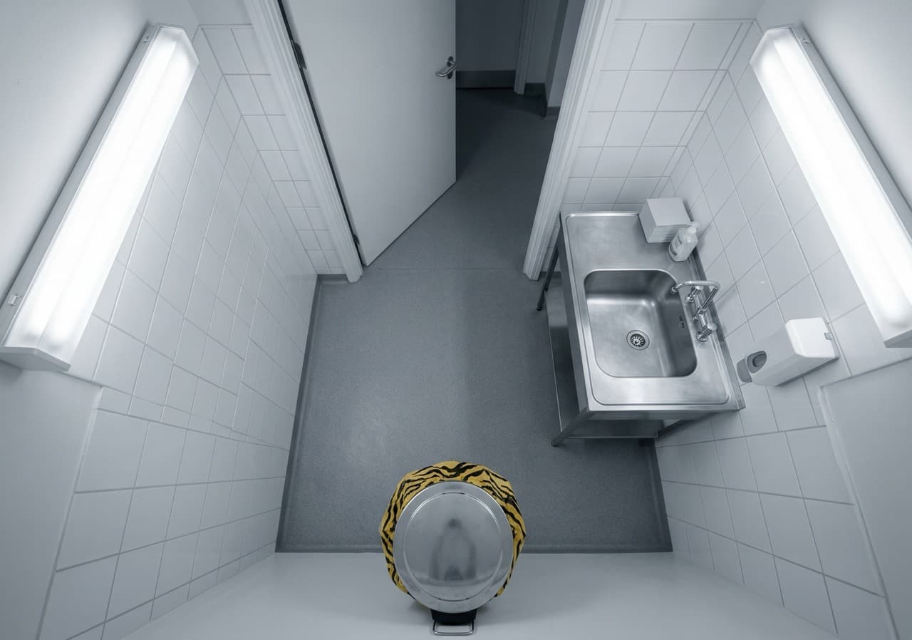 Empty care home sluice room with pedal-operated clinical waste bin using yellow-black tiger-stripe liner — the point-of-generation environment where incontinence waste odour and storage time drives facility complaints and infection risk