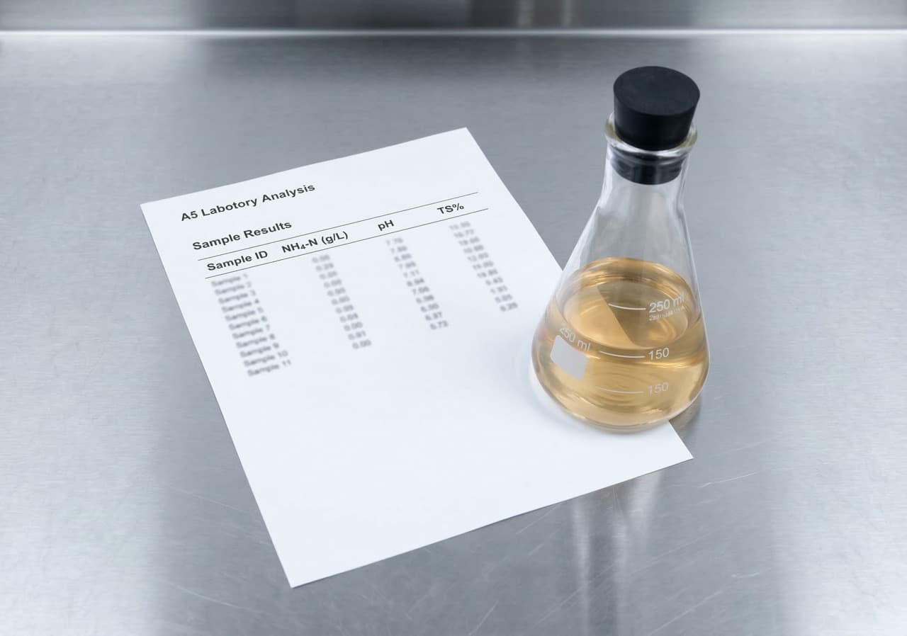 Laboratory analysis printout beside a sealed leachate sample flask on stainless steel — the ammonia-nitrogen test result that determines whether a UK AD facility accepts or rejects a poultry litter delivery, with broiler litter frequently exceeding the 5 g/L NH4-N acceptance threshold.