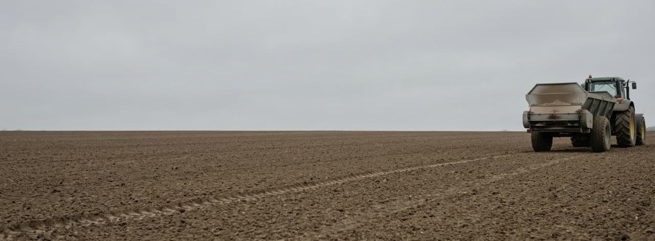 Overcast UK arable field with a stationary litter spreader at the field edge — the physical setting where NVZ nitrogen loading limits restrict UK poultry farms from spreading above 170 kg N/ha, forcing off-farm haulage when litter volume exceeds the holding's annual spreading allowance.