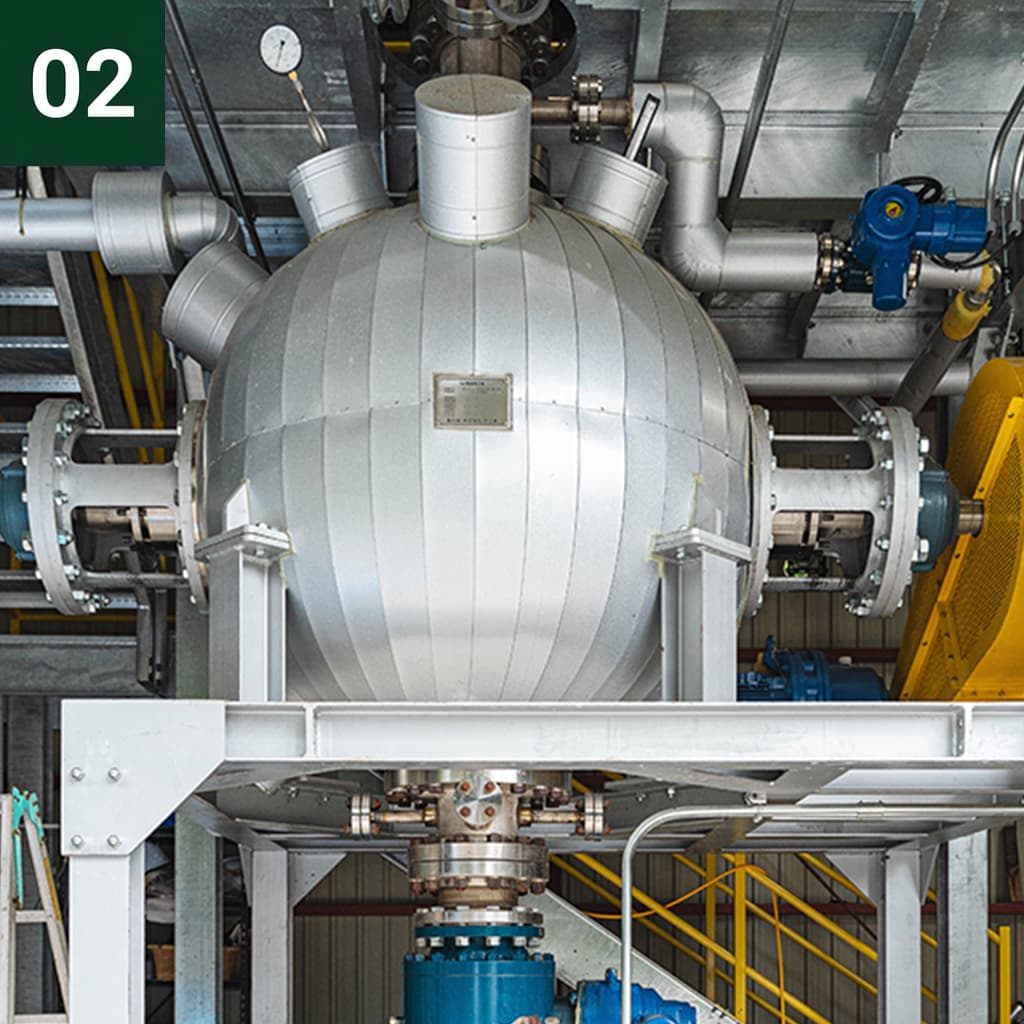 Step 2 of 4: the PHANTOM spherical pressure vessel sealed and bolted — the round-form design applies uniform temperature and pressure across the full litter charge to initiate subcritical water hydrolysis at 180–220°C.