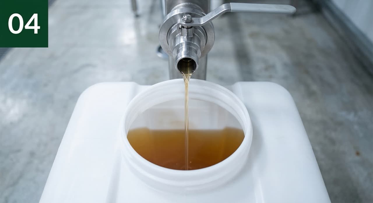 Step 4 of 4: amino acid-rich liquid fertiliser concentrate discharging from the PHANTOM vessel into an IBC — the output that replaces synthetic nitrogen purchases at 1:500 dilution, recovering £25–£45 per tonne of litter processed on-farm.