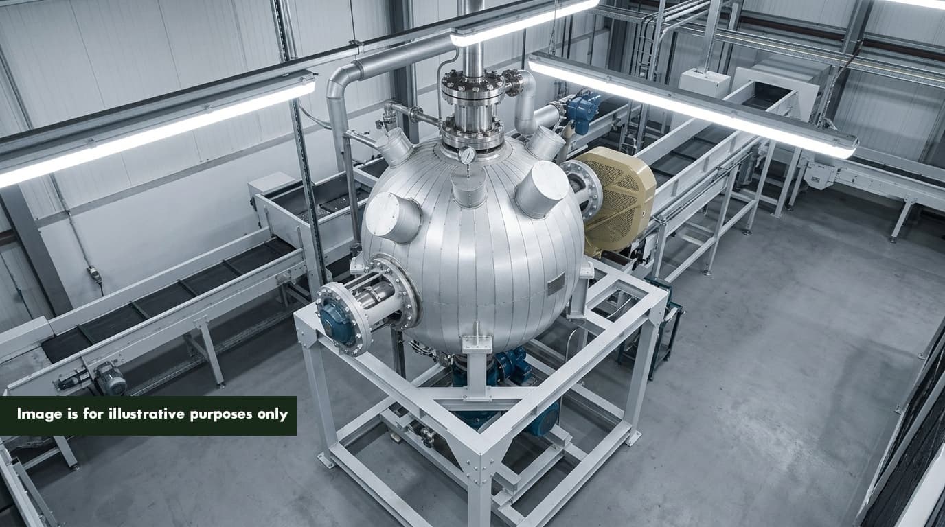 Aerial interior view of industrial waste processing facility with PHANTOM subcritical water hydrolysis vessel at centre — the physical context for calculating on-site waste treatment ROI