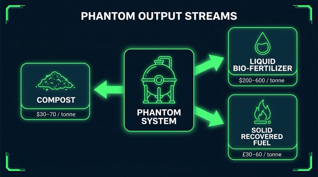 HUD-style infographic diagram showing PHANTOM subcritical water hydrolysis system output streams: compost at $30–70/tonne, liquid bio-fertilizer at $200–600/tonne, and solid recovered fuel at £30–60/tonne gate fee