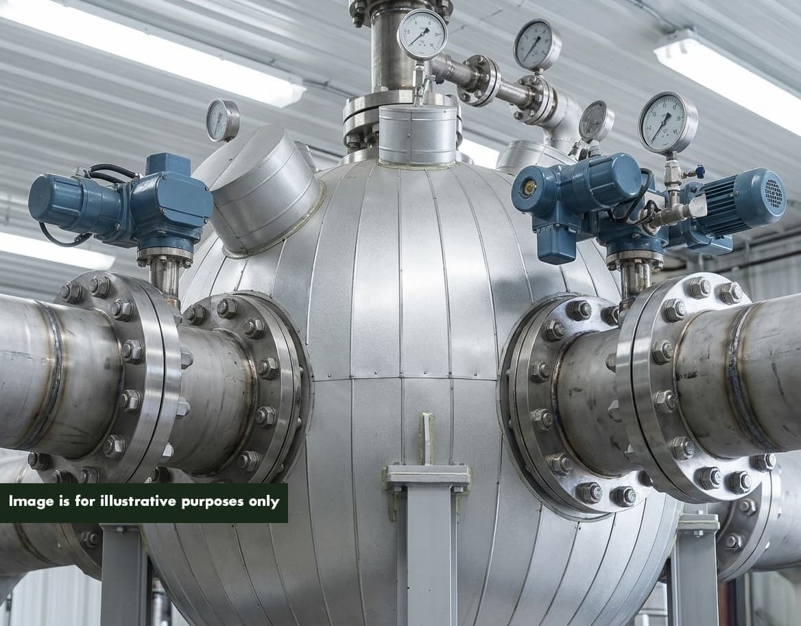 Sealed spherical stainless steel PHANTOM pressure vessel showing bolted flanges and piping — zero fugitive odour emissions during processing