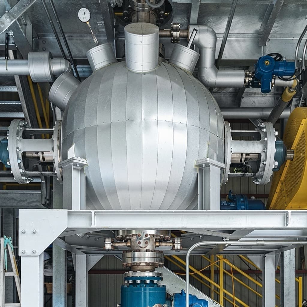 PHANTOM subcritical water hydrolysis pressure vessel — spherical stainless steel processing furnace with segmented cladding, bolted flanges, and blue electric motor, showing zero-emission industrial waste treatment technology