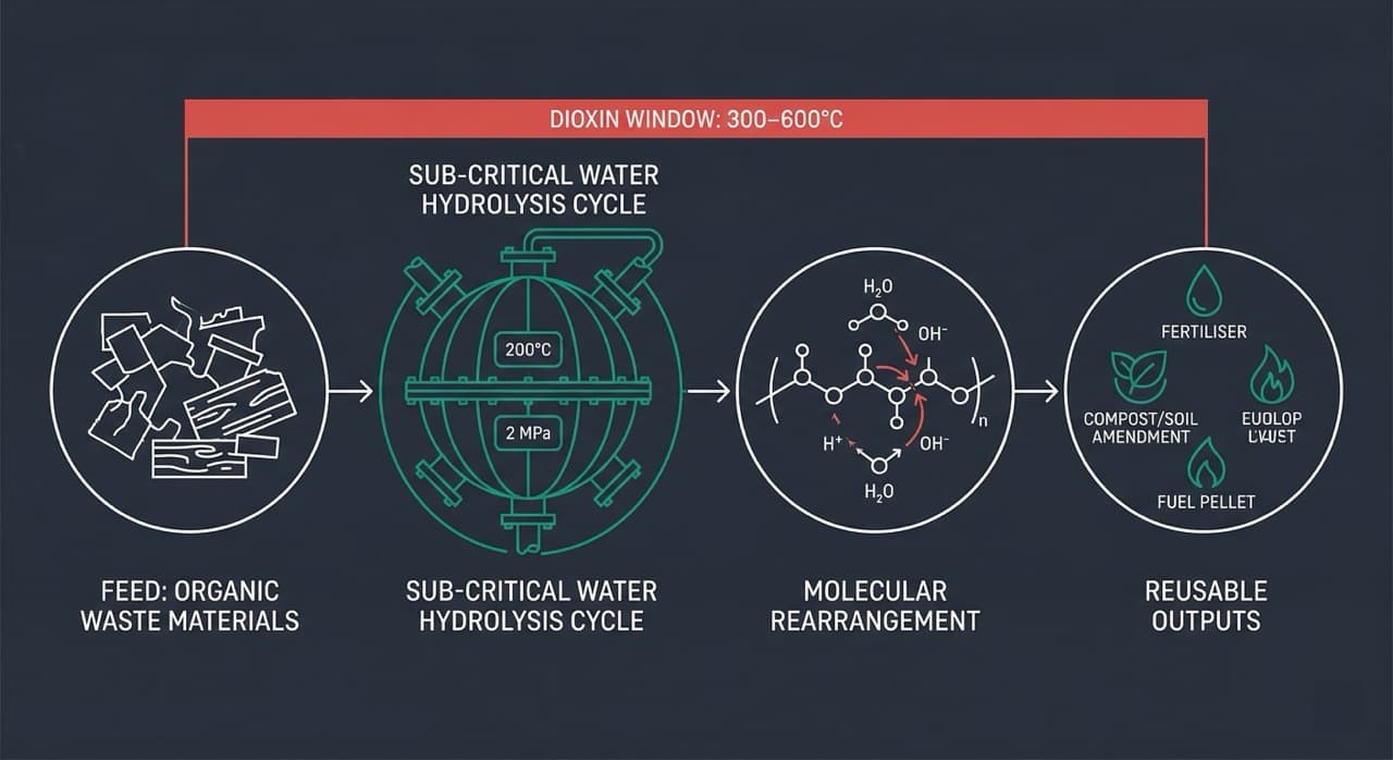 Four-stage technical diagram of subcritical water hydrolysis: organic waste enters a sealed spherical vessel at 200°C and 2 MPa; water dissociates into H⁺ and OH⁻ ions that break organic molecular bonds; outputs include liquid fertiliser, compost, and fuel feedstock — all produced below the 300–600°C dioxin formation window shown above the process line.