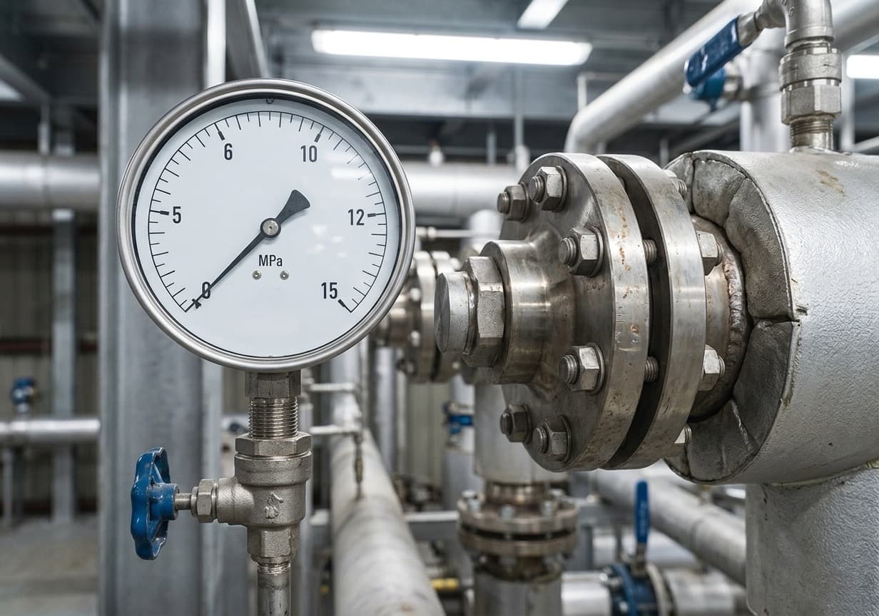 Close-up of a high-pressure industrial boiler pressure gauge and steel pipe fittings — the system that maintains 5–10 MPa to keep water in the liquid subcritical state above 100°C, where its ionic product rises 1,000-fold versus ambient water.
