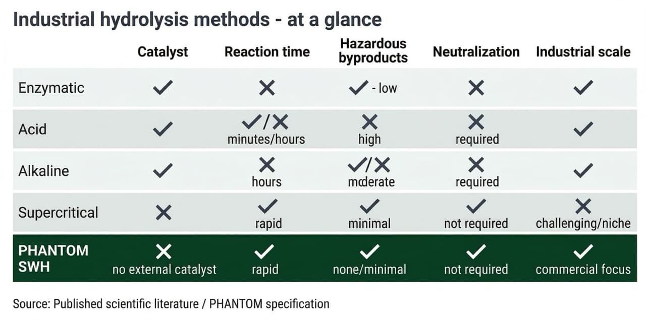 Comparison chart of industrial hydrolysis methods — PHANTOM subcritical water hydrolysis versus enzymatic, acid, alkaline, and supercritical methods: no catalyst required, 30–50 minute reaction time, near-zero hazardous byproducts, no neutralization step, up to 3 tonnes per batch.