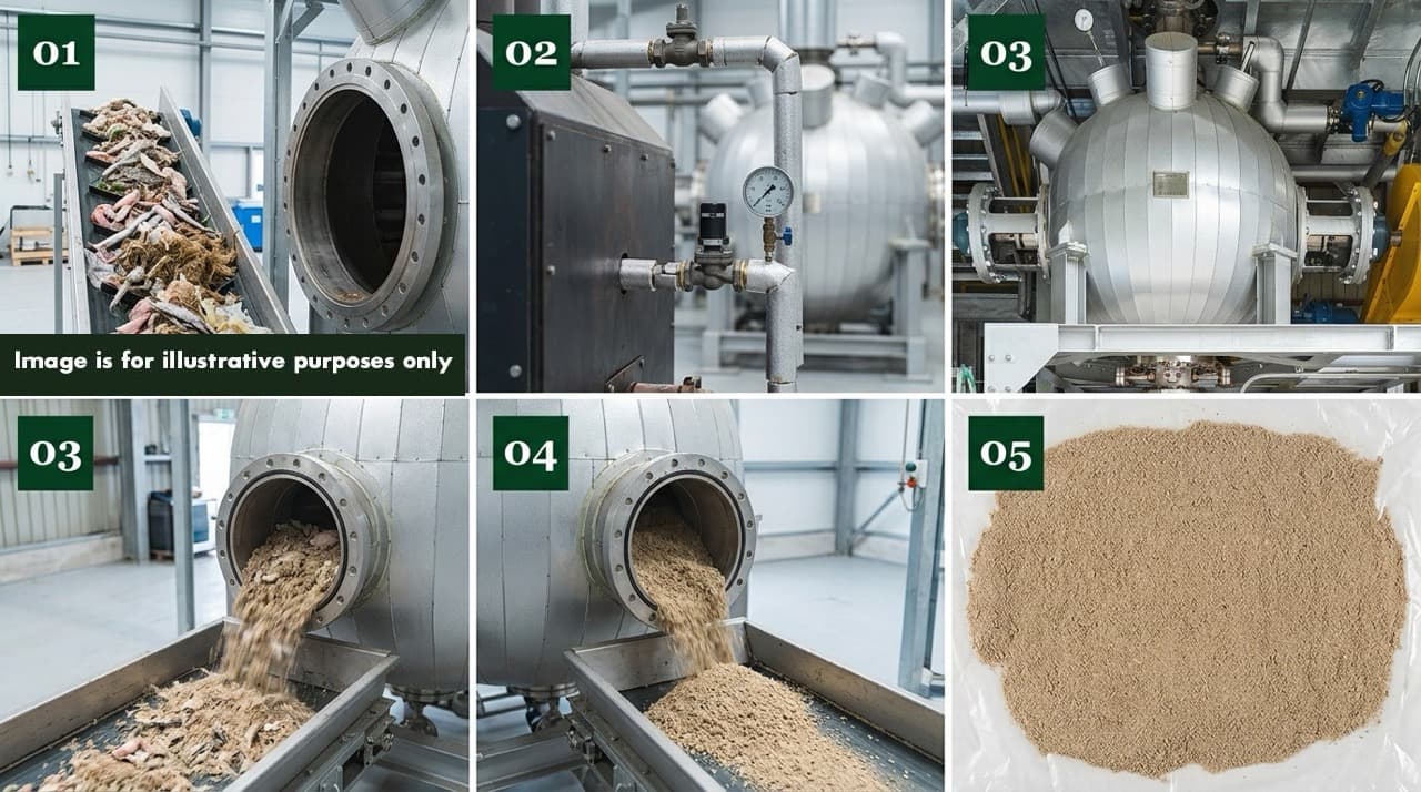 How on-site SWH eliminates the cost stack — 5-step physical sequence: waste input, steam injection, sealed vessel hydrolysis, sterile output discharge, and classified reusable output (compost, fertiliser, solid fuel).