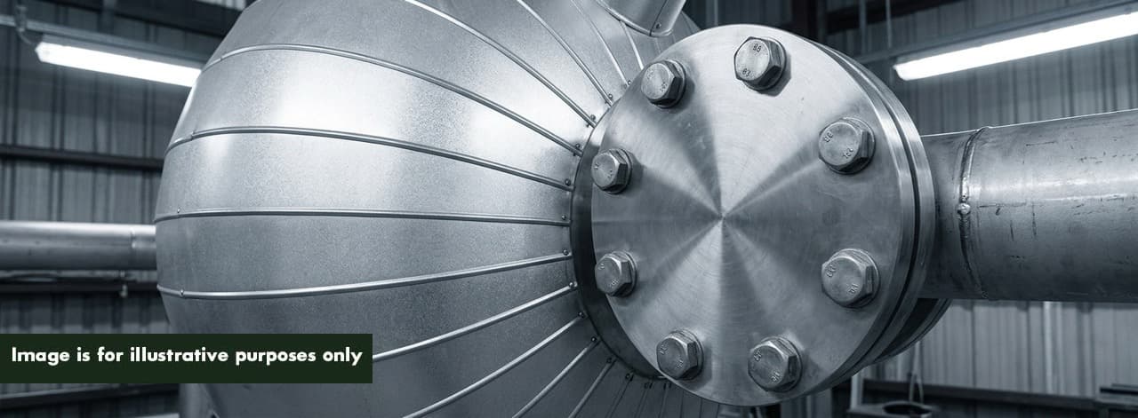 Close-up of a bolted pipe flange inlet on the PHANTOM spherical pressure vessel — the engineering interface where high-pressure steam enters the sealed oxygen-free chamber to create subcritical water conditions for ionic hydrolysis of organic polymers.