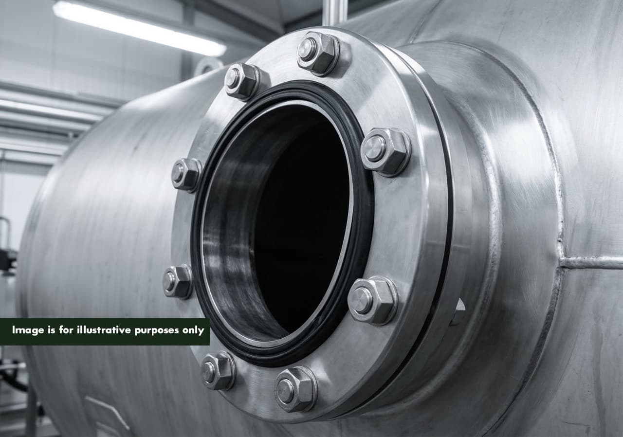 Close-up of the inspection hatch and gasket seal on the PHANTOM pressure vessel — the SUS 304 stainless steel component requiring periodic gasket replacement approximately every 10 years under standard operating cycles as the primary maintenance item.