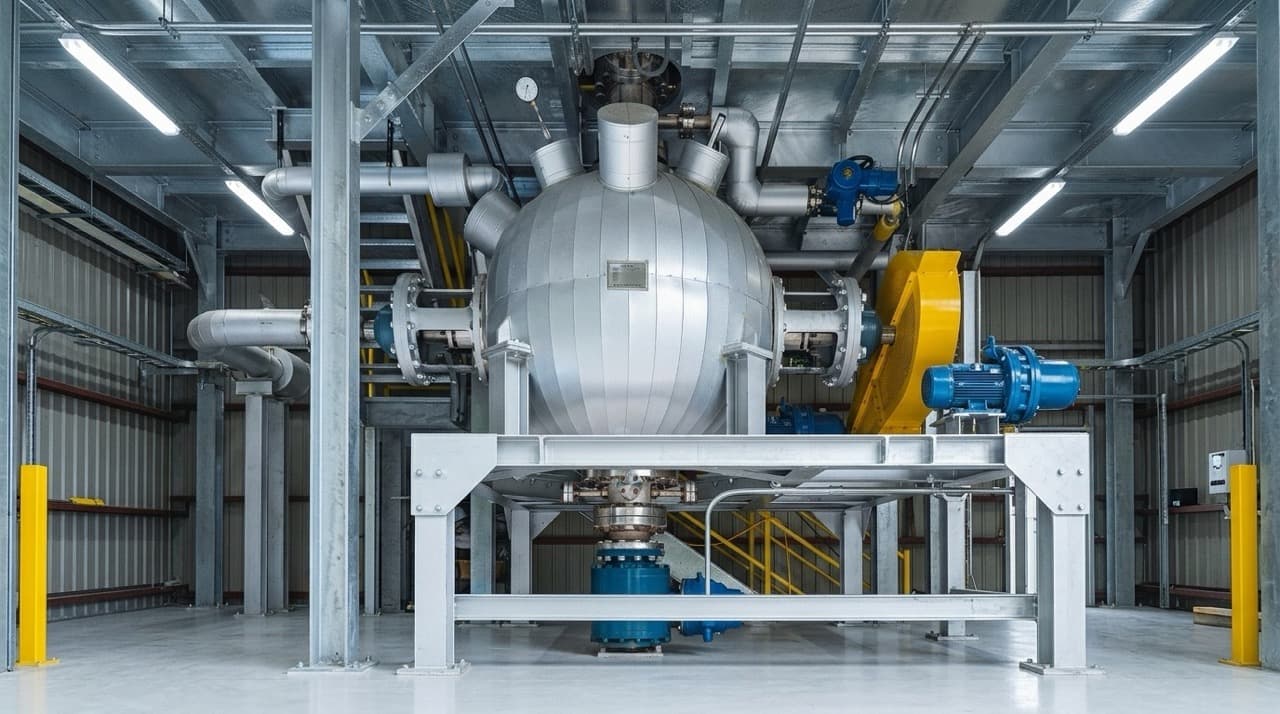 Wide-angle view of the PHANTOM subcritical water hydrolysis pressure vessel installed in an industrial facility — the sealed spherical stainless steel system that operates at 100–374°C and 20 atmospheric pressure to hydrolyze organic waste without combustion or toxic emissions.