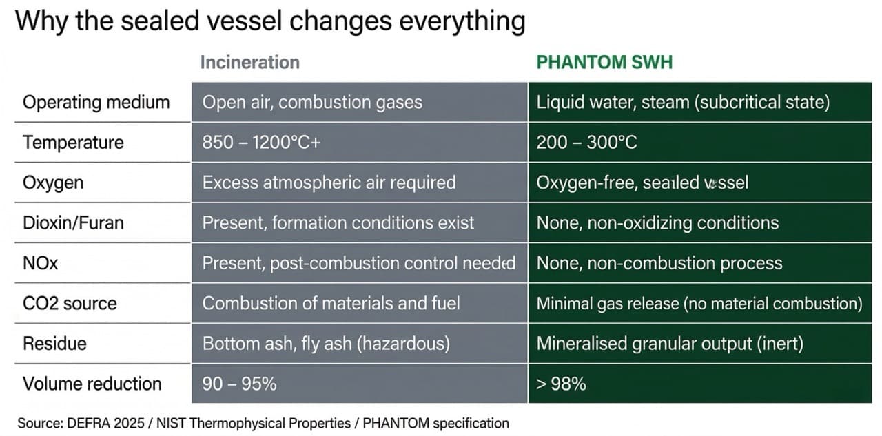 Parameter comparison chart — PHANTOM subcritical water hydrolysis versus incineration: operating temperature 150–374°C versus 850–1,200°C, liquid sealed phase versus gas phase, no dioxin formation pathway versus confirmed pathway, sterile reusable output versus toxic ash requiring landfill disposal.