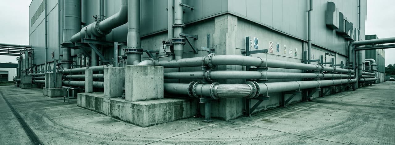 Industrial incinerator base infrastructure showing large-diameter pipe runs and concrete foundations — representing the capital cost and regulatory complexity of compliant medical waste incineration