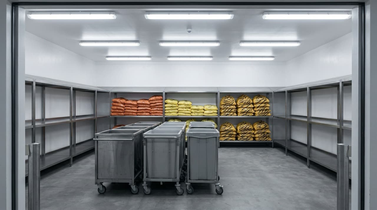 Hospital clinical waste holding area with segregated orange, yellow, and tiger-stripe medical waste bags on stainless steel trolleys — the waste stream that autoclave, incineration, and subcritical water hydrolysis systems must process